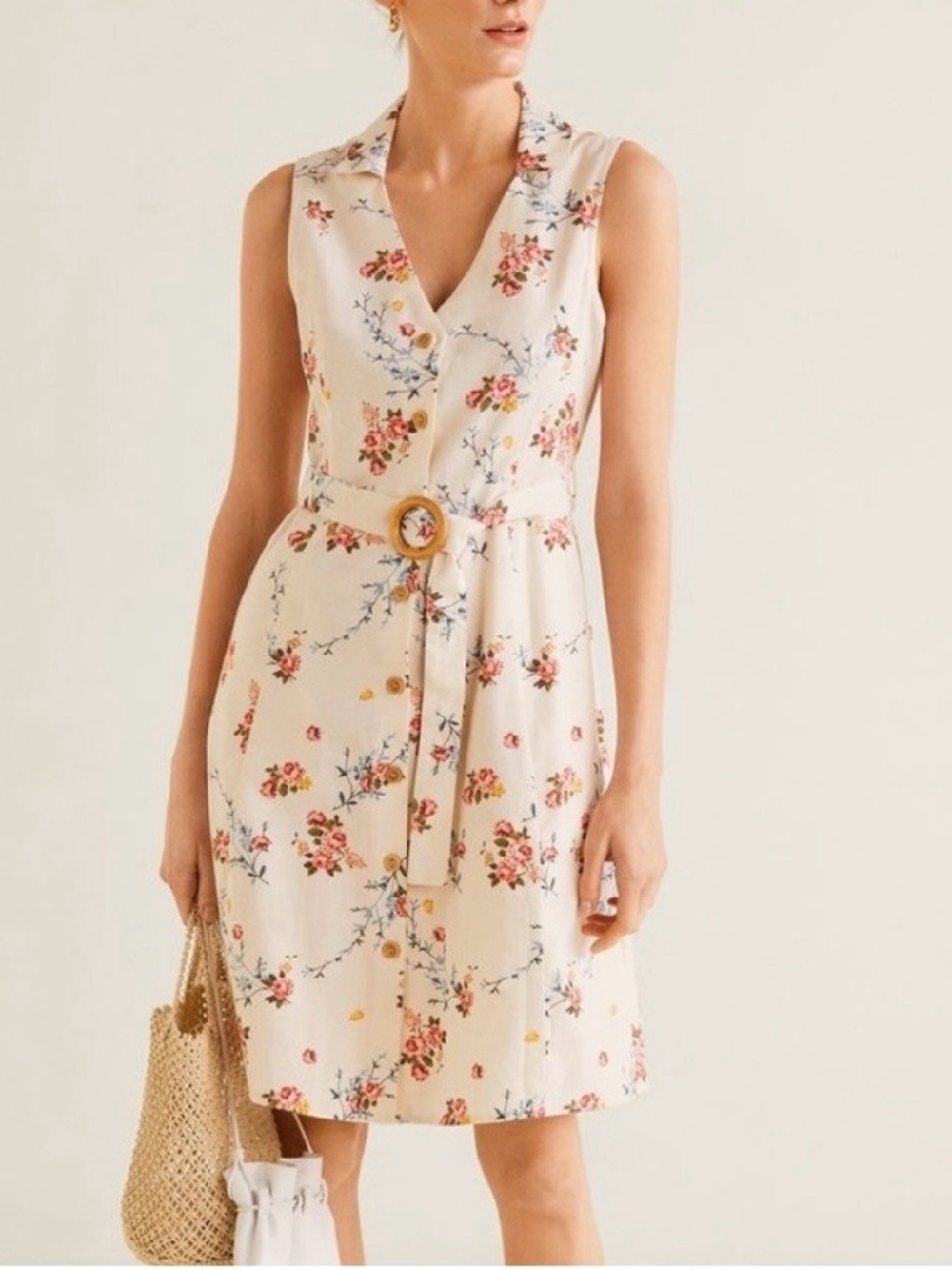 MNG Cream Floral Button-Front Belted Dress with Pink & Yellow Blooms